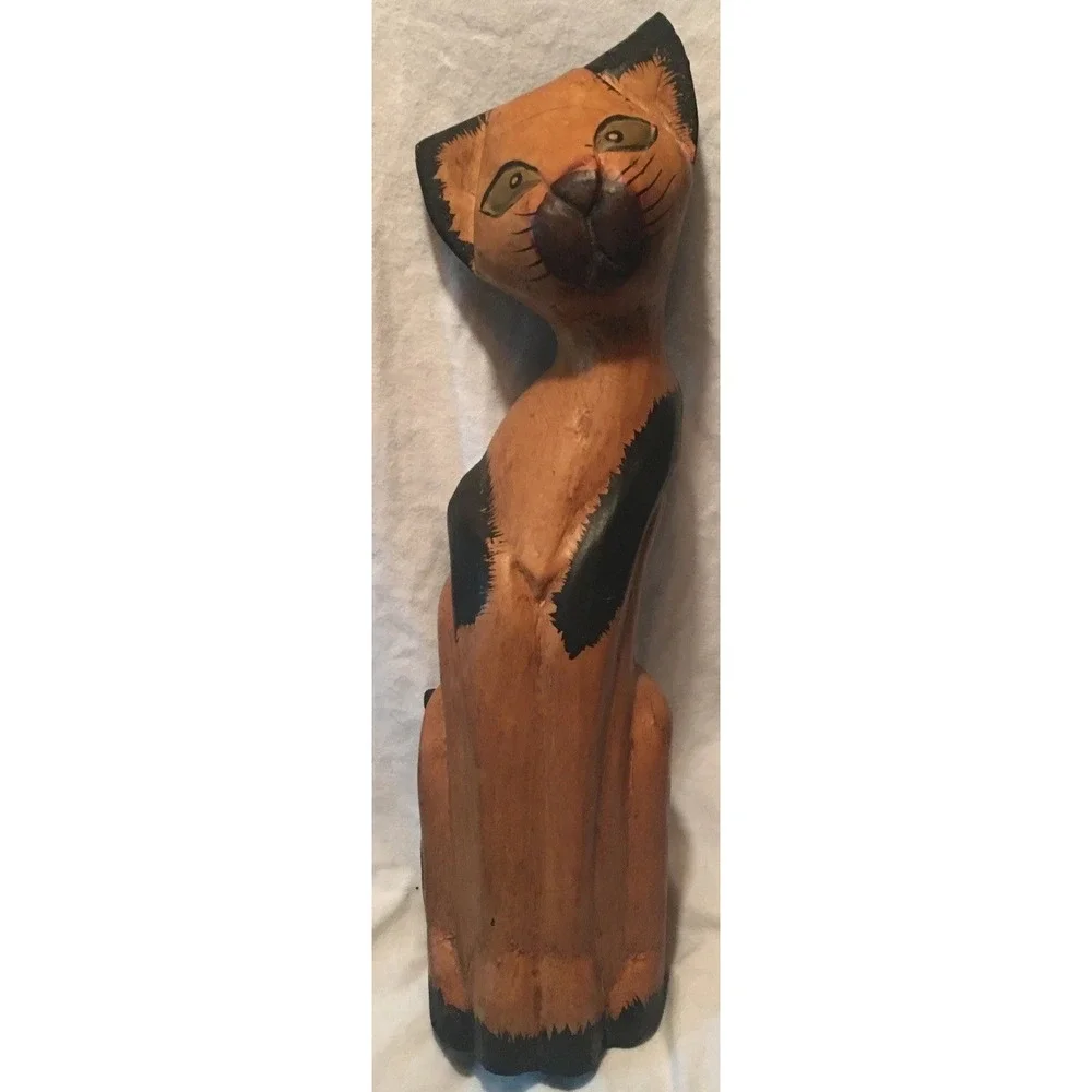 Vintage Hand Carved Wooden Siamese Cat Statue Folk Art 17 Inches
